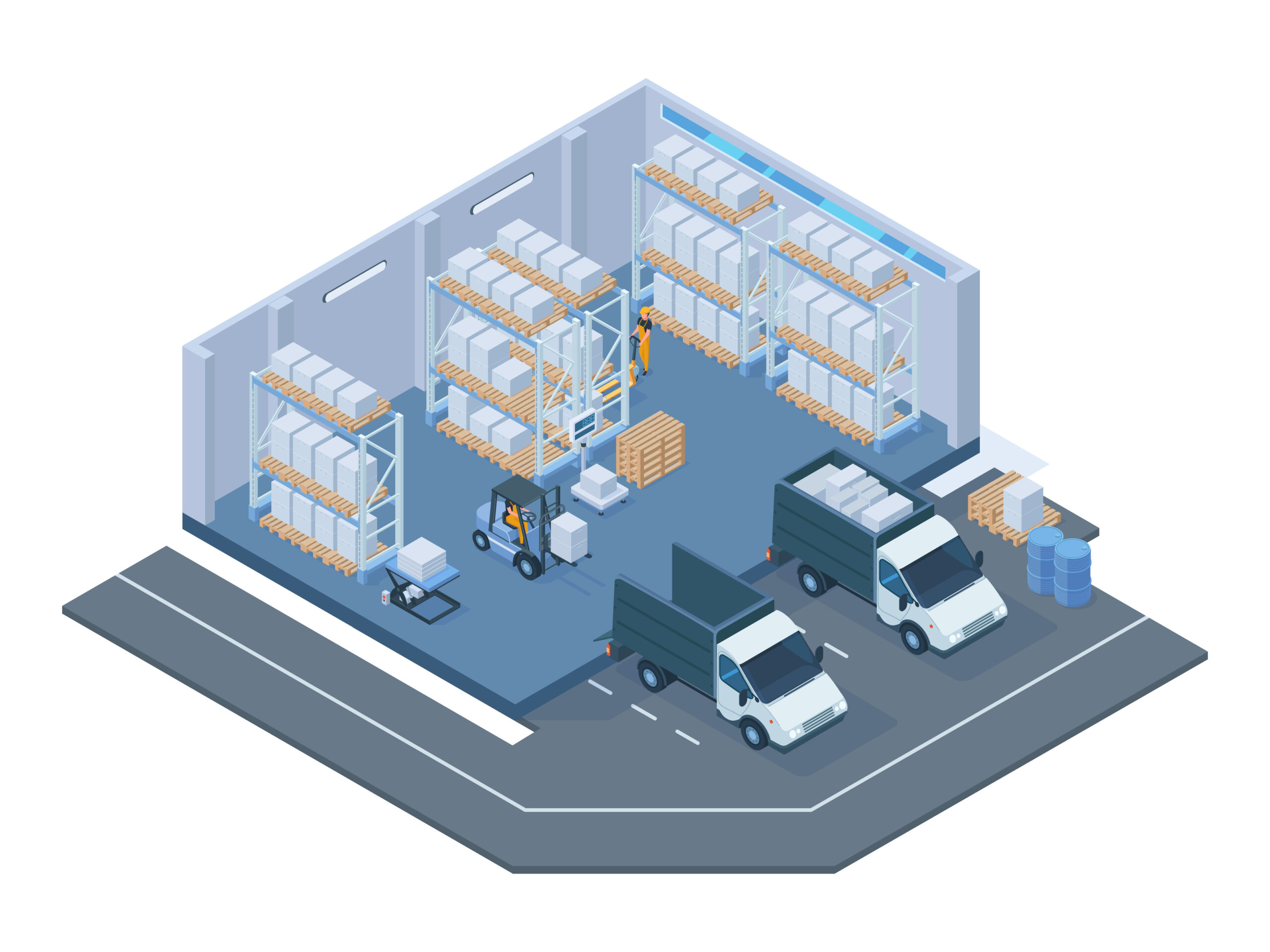 Isometric storage building, modern warehouse interior. Storage forklift trucks, pallet trolley, shelves and delivery lorry vector illustration. Warehouse buildings interior